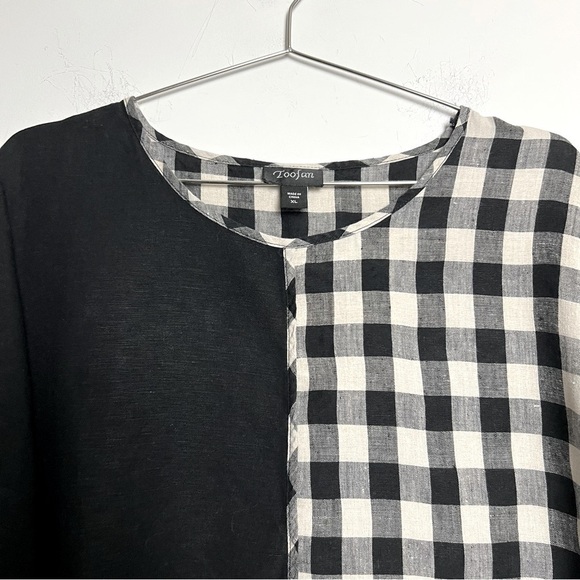 Toofan 100% Linen Black and Natural Checkered Block Print Lagenlook Artsy Top - Picture 2 of 11